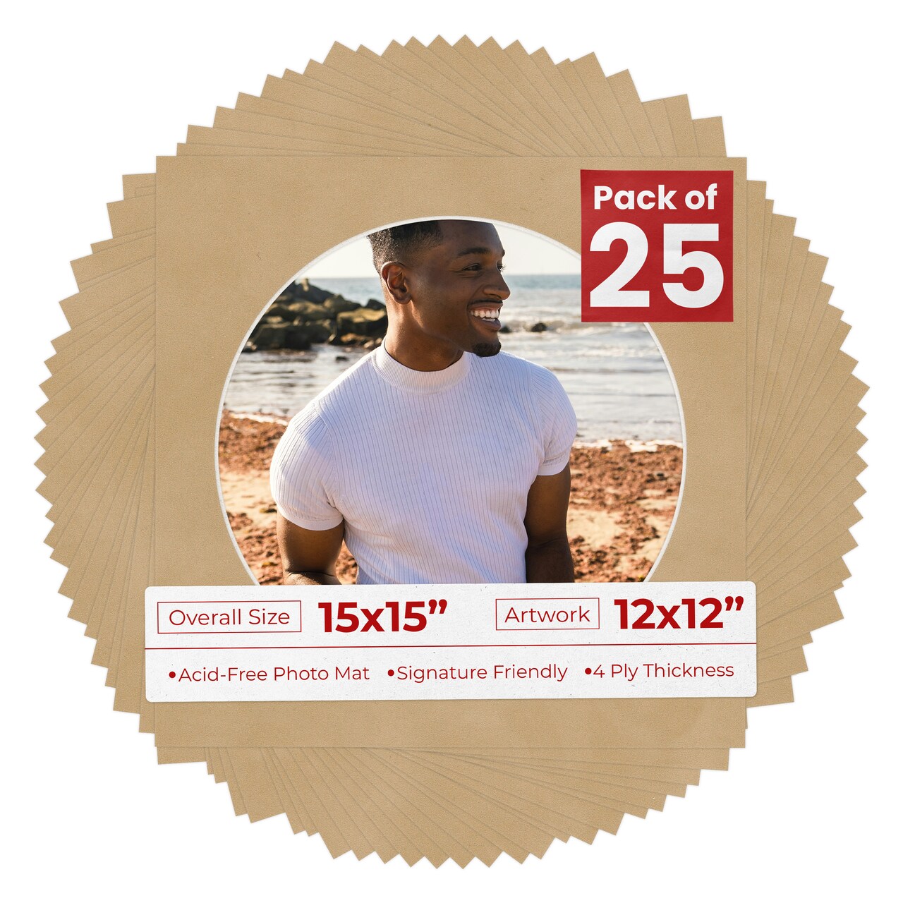 Beige Suede Mat Board for 15x15 Frames - Circle Opening for 12x12 Photos